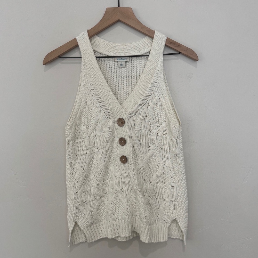 Sundance Cream Cable Knit Sweater Tank Vest Ivory Boho Size M Coastal Cottage